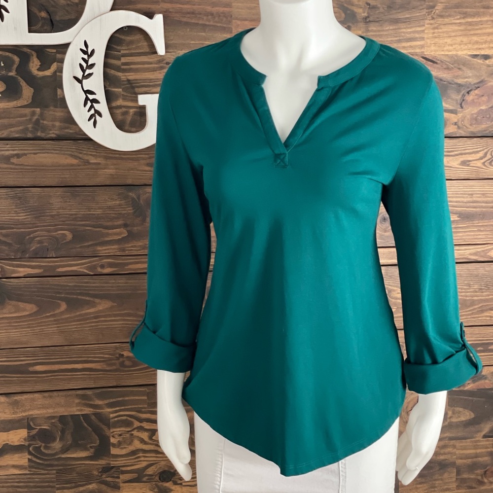 Charter Club | Split Neck Roll‎ Sleeve Tee Blouse Long Sleeve Deep V-Neckline